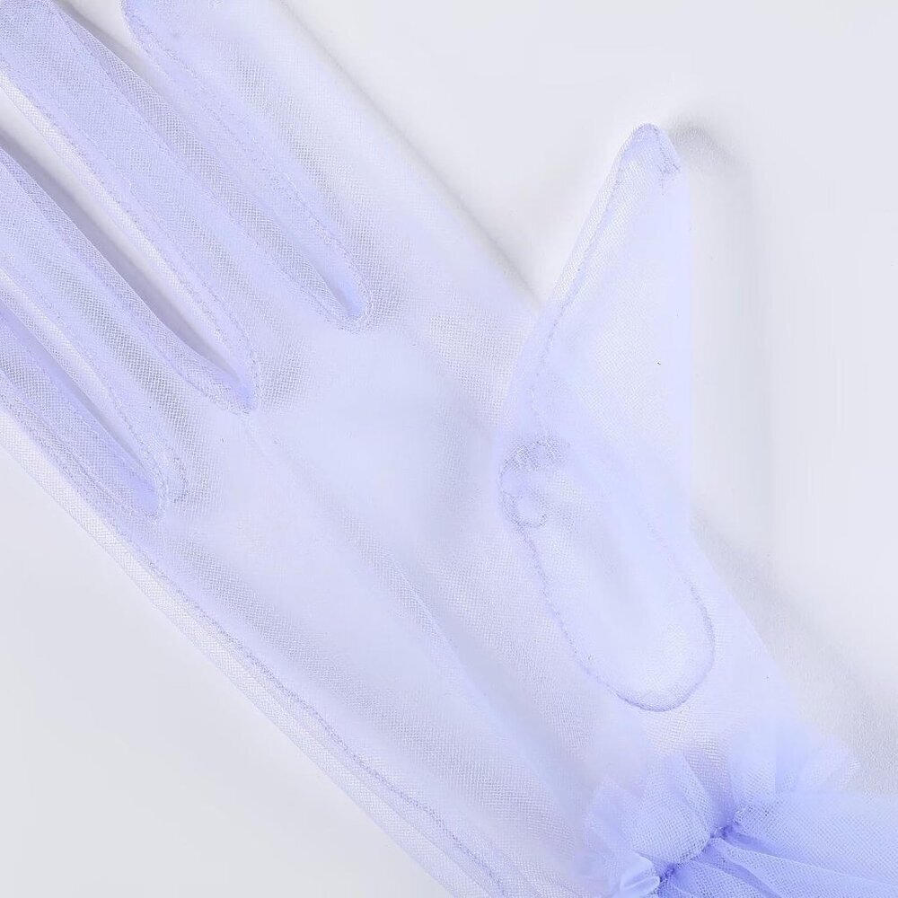 Women's Puffy Ruffle Lavender Tulle Sheer Mesh Party Prom One Size Short Gloves - Picture 6 of 7